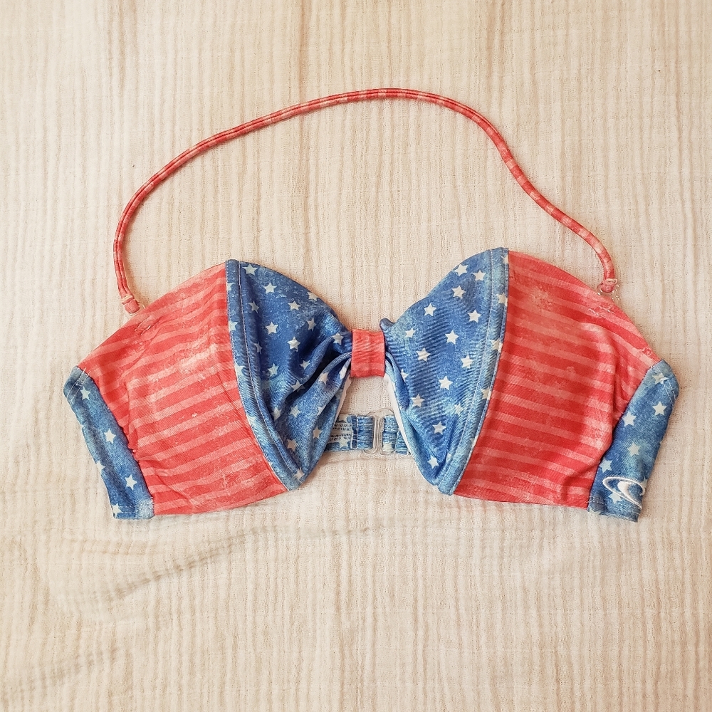 O'Neill stars and stripes patriotic bikini top bandeau w removable halter strap
